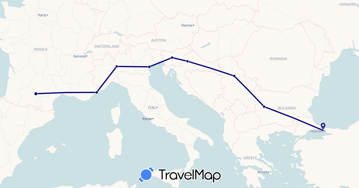 TravelMap itinerary: driving in Bulgaria, France, Croatia, Italy, Serbia, Slovenia, Turkey (Asia, Europe)